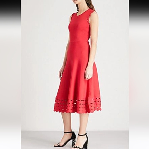 Maje Rumba fit and flare midi dress, red with lacy cutouts, size 1 US S - Picture 3 of 11
